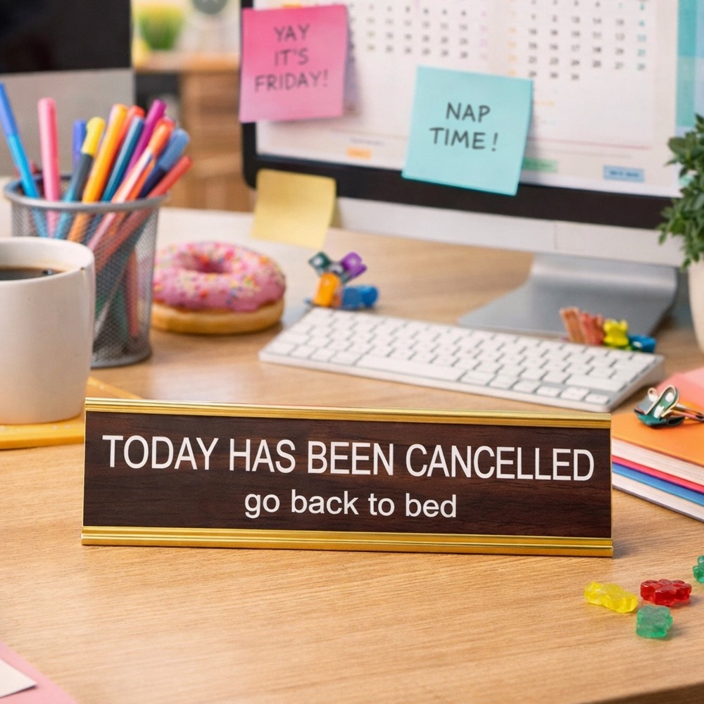 Today is Cancelled Desk Sign with Gold Trim